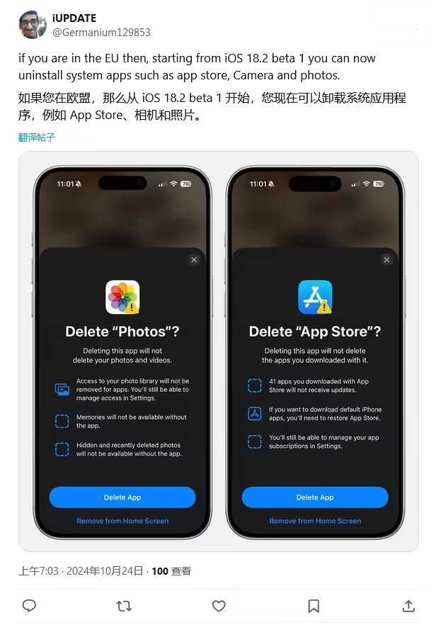 宁明苹果手机维修分享iOS 18.2 支持删除 App Store 应用商店 