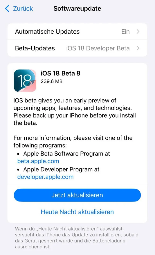 宁明苹果手机维修分享苹果 iOS / iPadOS 18 开发者预览版 Beta 8 发布 